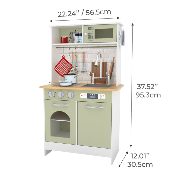 Teamson Kids Little Chef Boston Modern Wooden Kitchen Playset, White/Green with interactive features and measurements displayed.