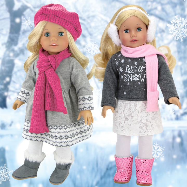 Two 18" dolls with blonde hair - one in a gray dress and one in a gray sweater and white skirt