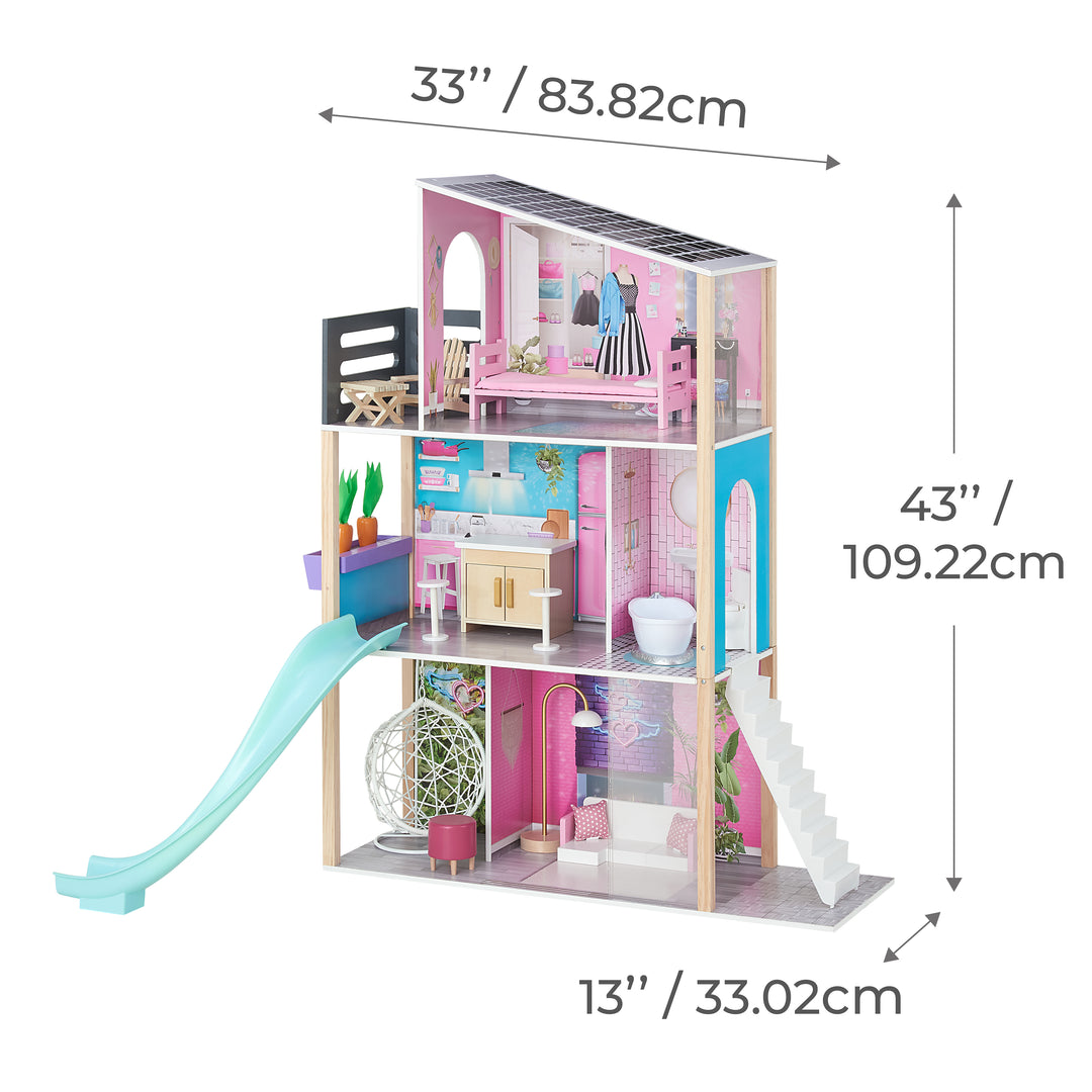 An infographic for a multicolored 3-story dollhouse measured in inches and centimeters.