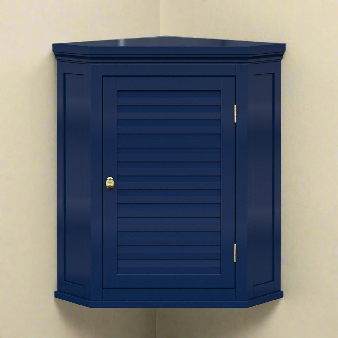 Navy blue corner wall cabinet with faux louvered door and gold hardware.