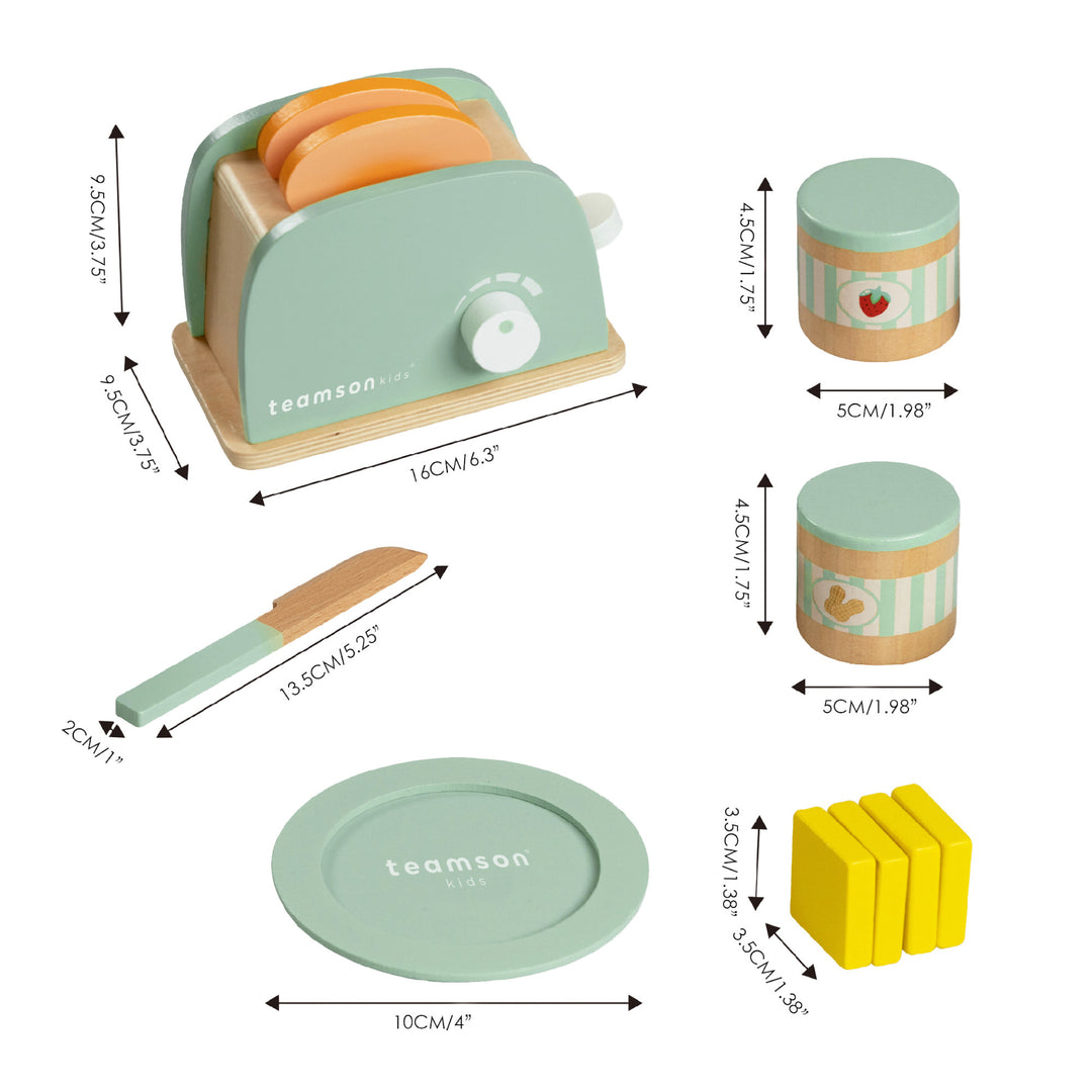 A dimensional graphic with the sizes for a play toaster with pretend bread, butter pats, knife, jars of spread and a plate