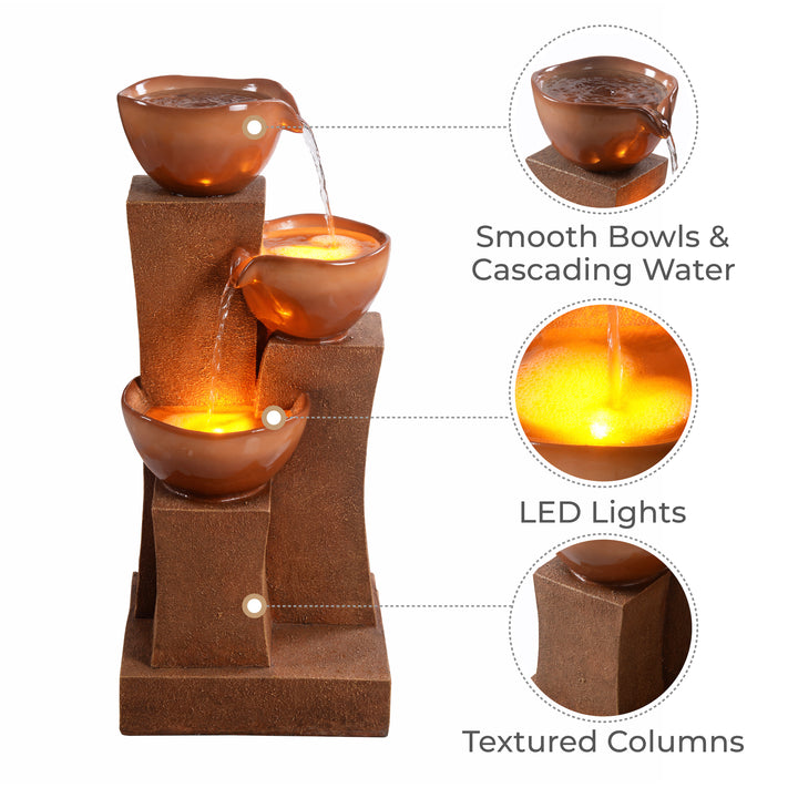 Callouts of the three-tier water fountain: smooth bowls, cascading water, LED lights, and textured columns