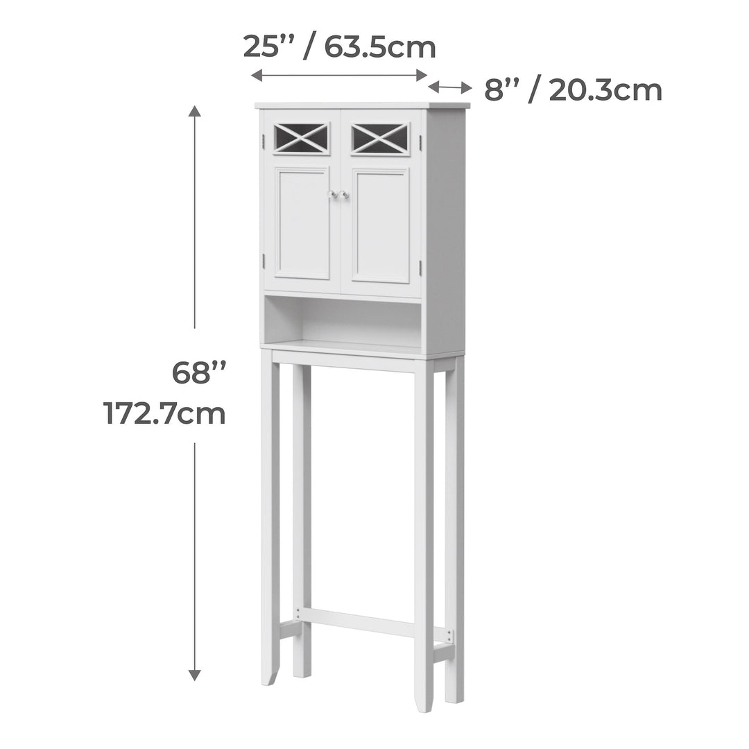 Dimensional graphic for a white over-the-toilet cabinet in inches and centimeters