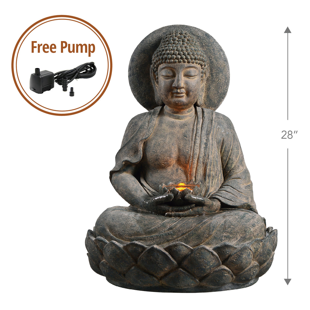 Buddha statue with dimensions and inset image of the included free pump