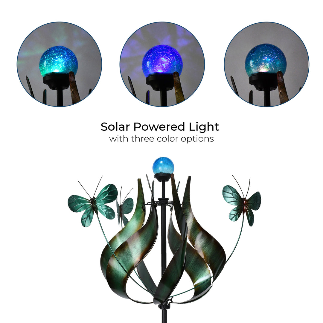 Infographic calling out mutliple color ways of a solar-powered light in a wind spinner