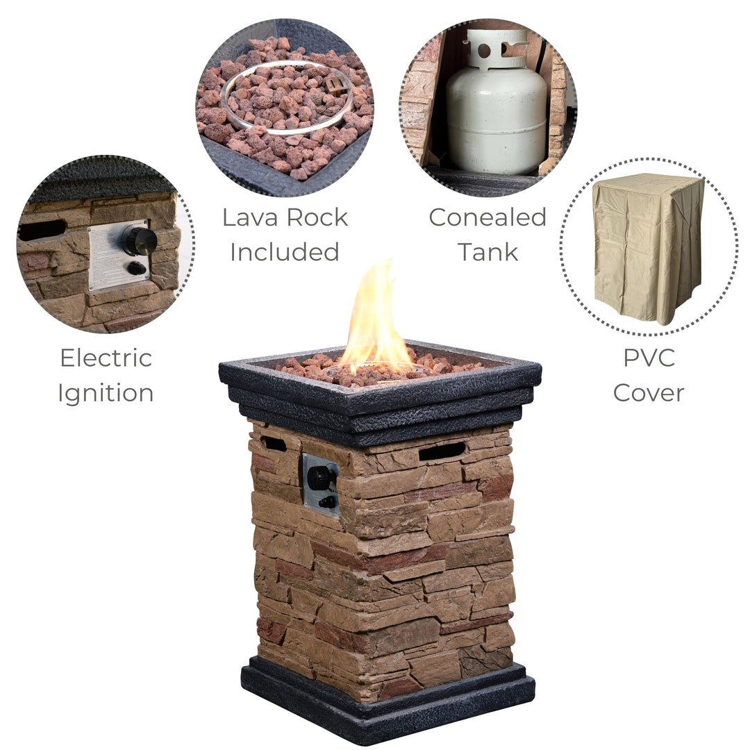 infographic for a propane fire pit, calling out the electric ignition switch, the lava rocks included, the concealed propane tank, and the protective PVC cover