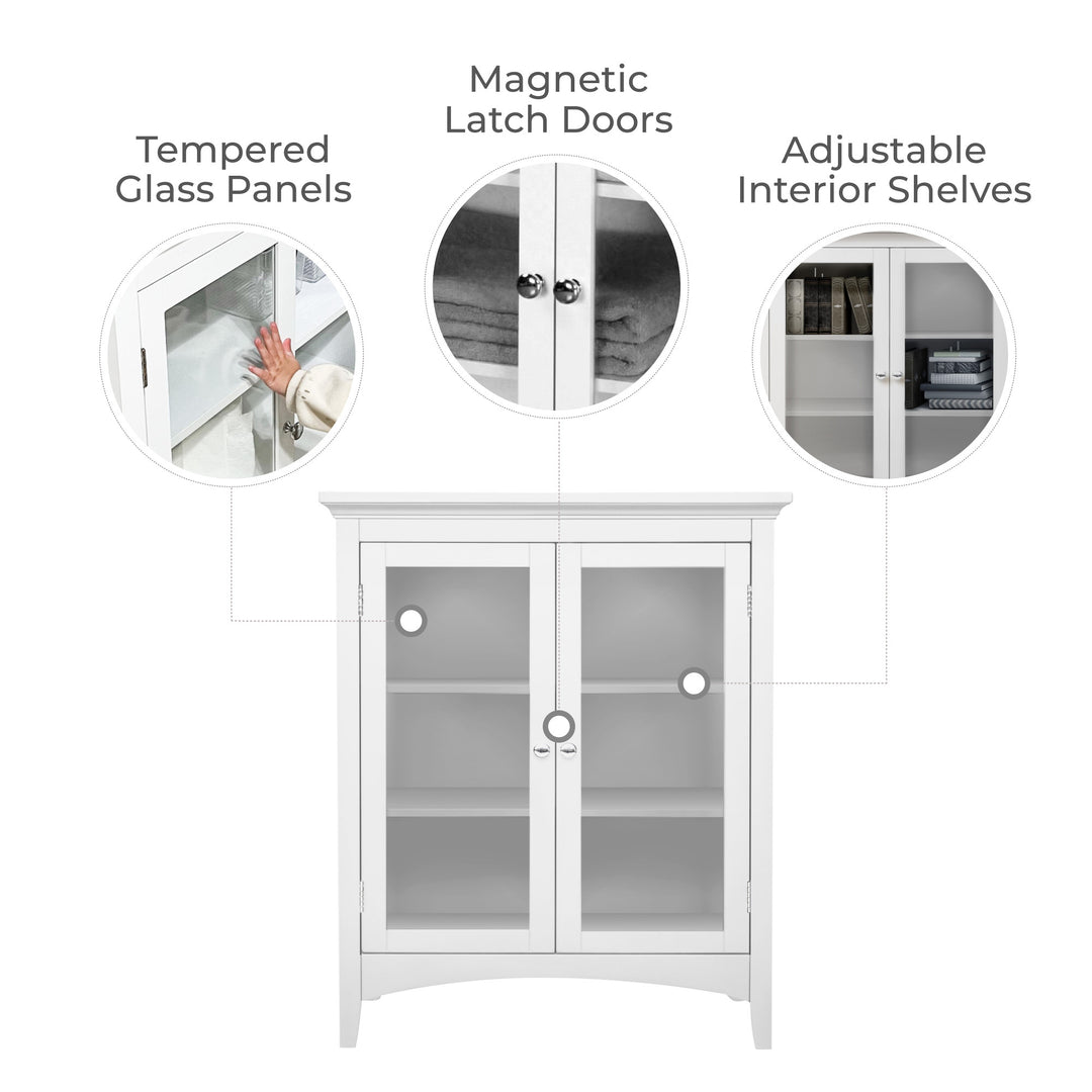 Infographic with callouts for tempered glass panels, magnetic latch, adjustable shelves