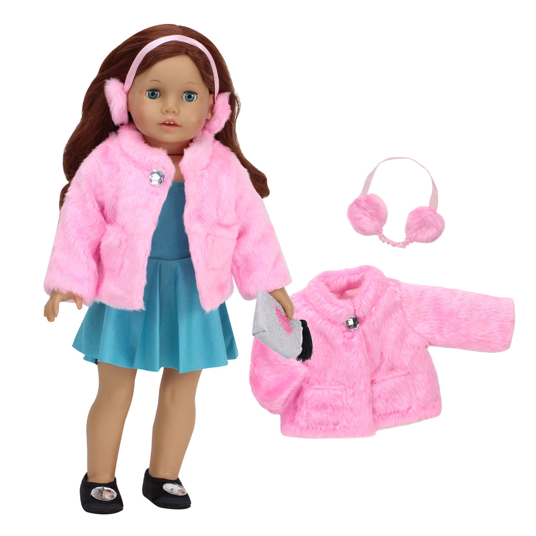 18" doll with auburn hair in a pink fur coat with pink fur earmuffs