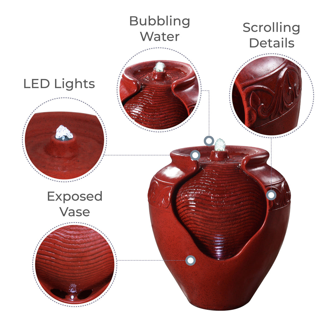 Features infographic for a red water fountain with an exposed vase, LED lights, bubbling water and detailed scrolling