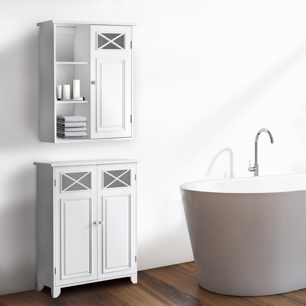 A white wall cabinet with three open shelves hung over a white floor cabinet