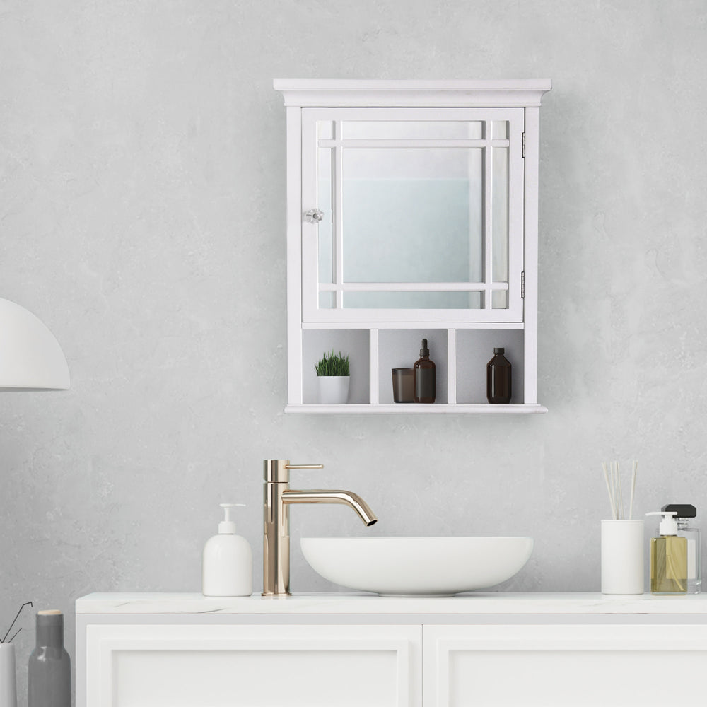 A white wall cabinet with mirrored door and bottom shelf over sink