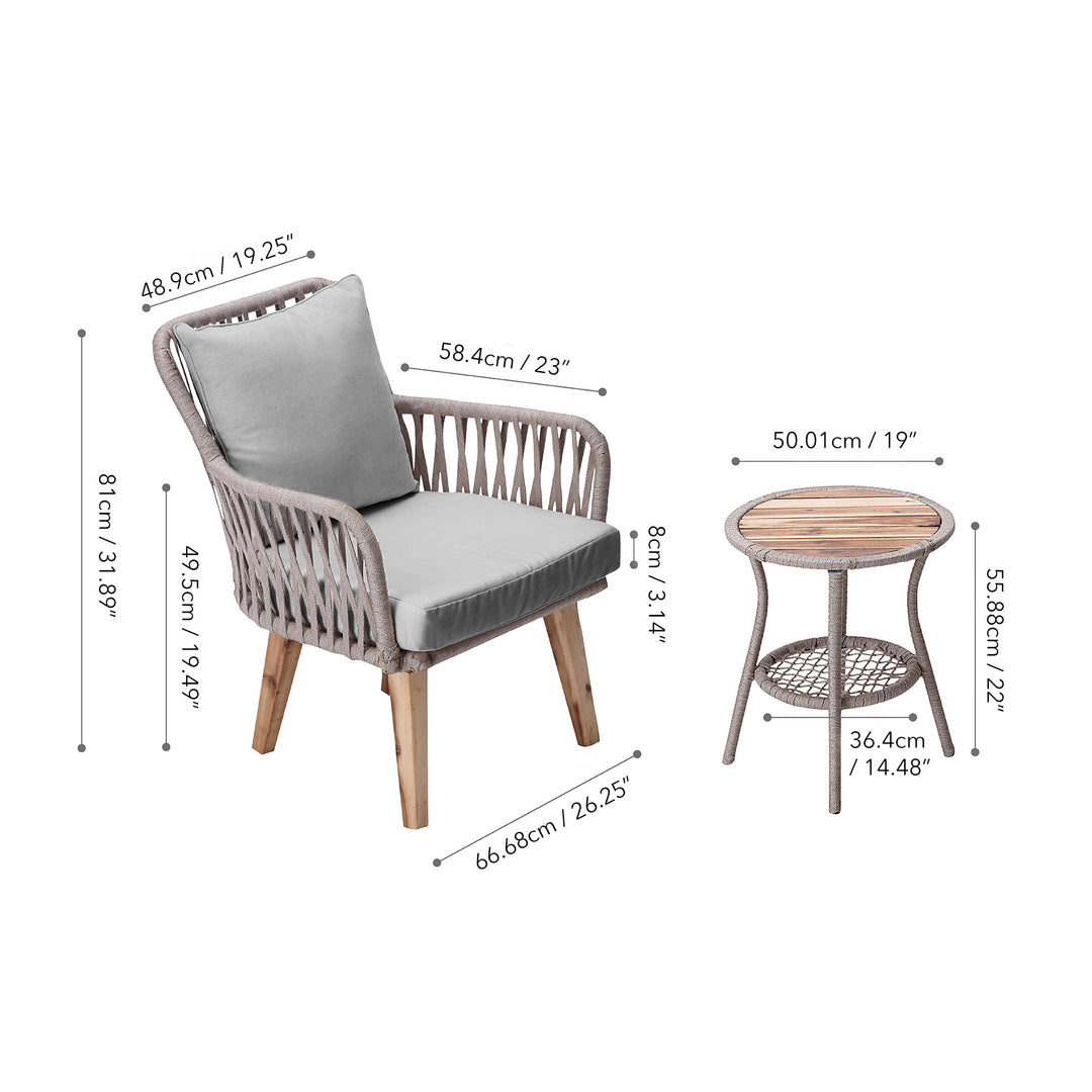 A dimensional graphic for a gray woven outdoor chair and matching end table in inches and centimeters