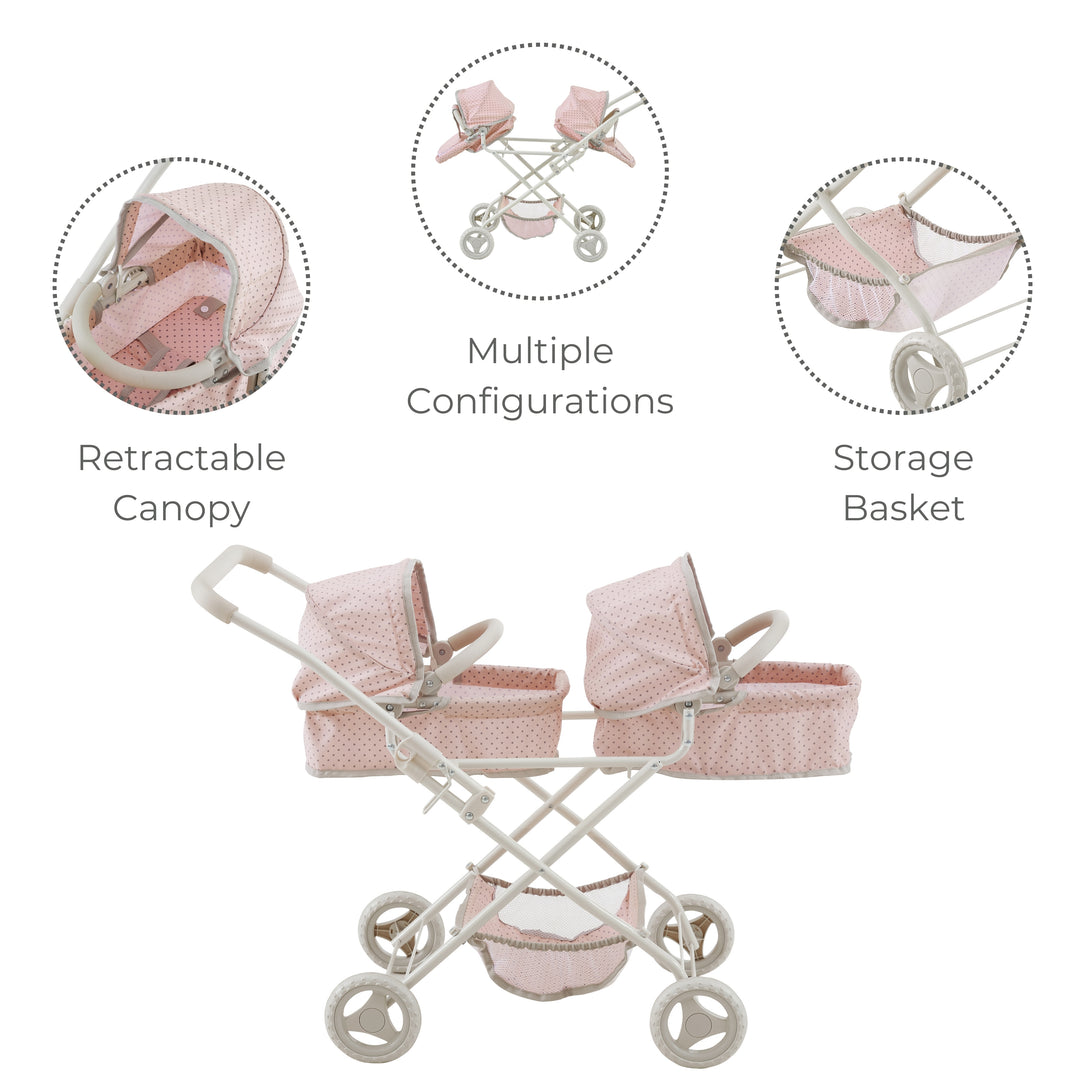 Double doll stroller features retractable canopy, underneath storage basket and multiple configurations