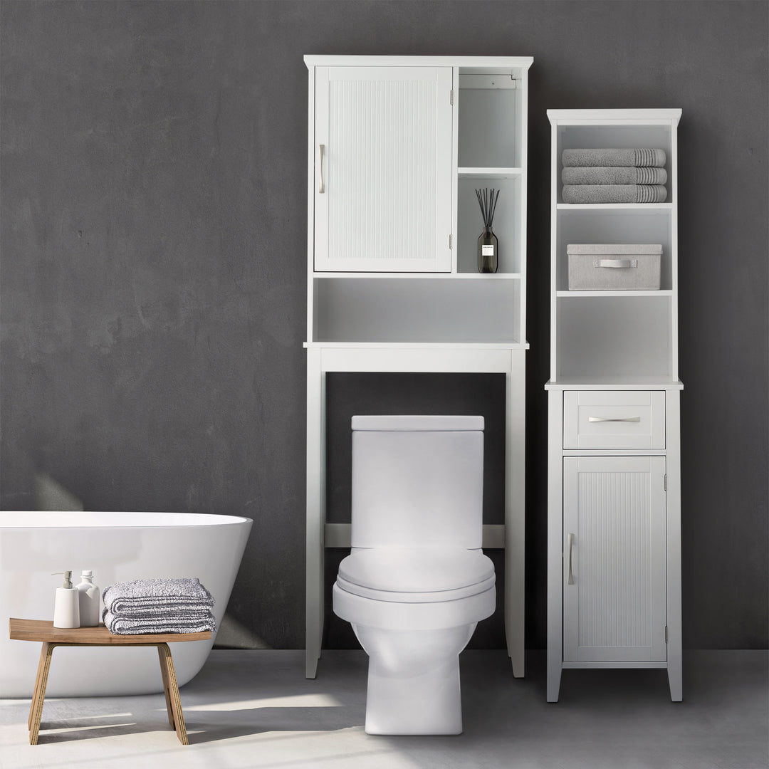 Matching white cabinets in a bathroom for a sleek style.