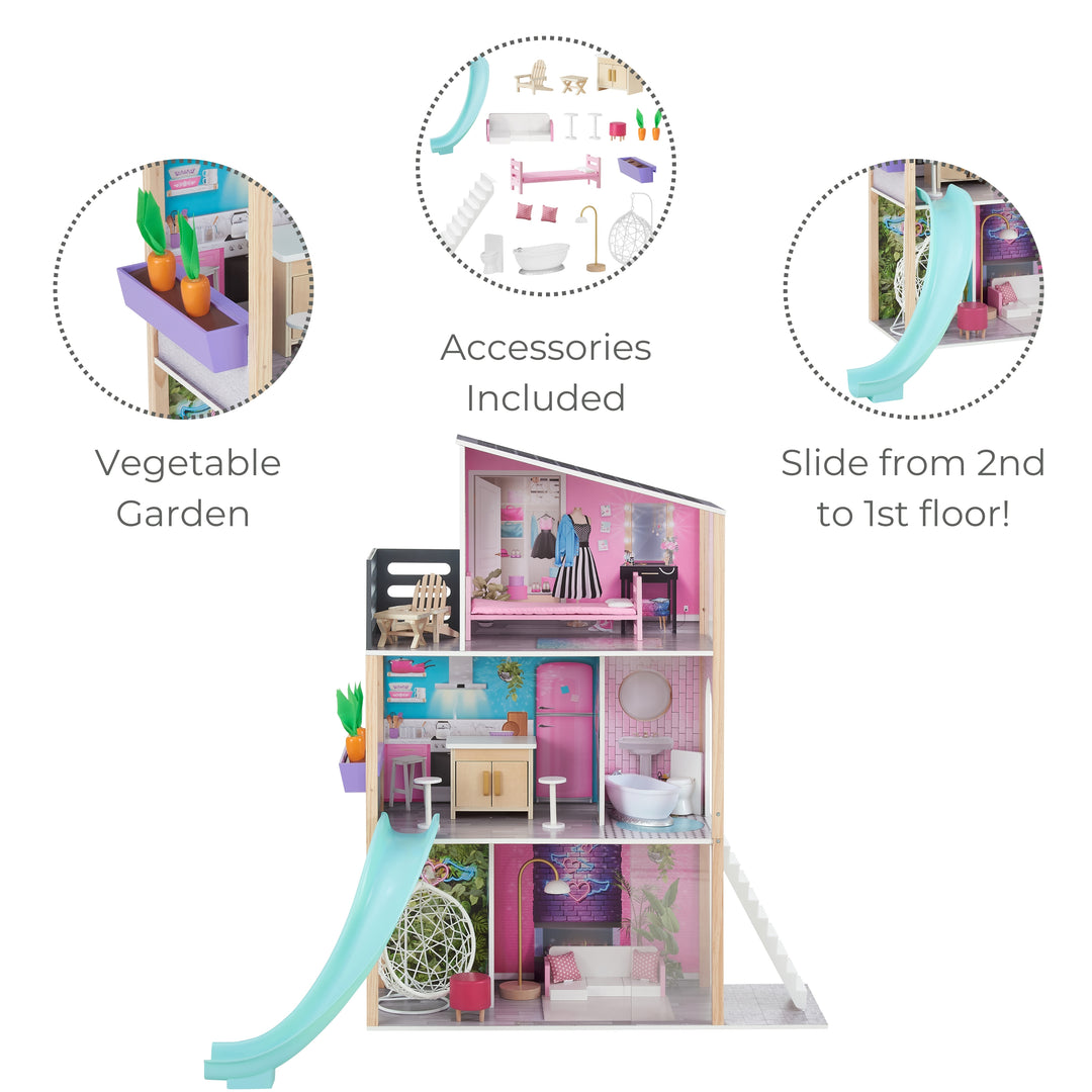 a modern, brightly color dollhouse features a slide from 2nd to 1st story, a window box veggie garden and is fully furnished