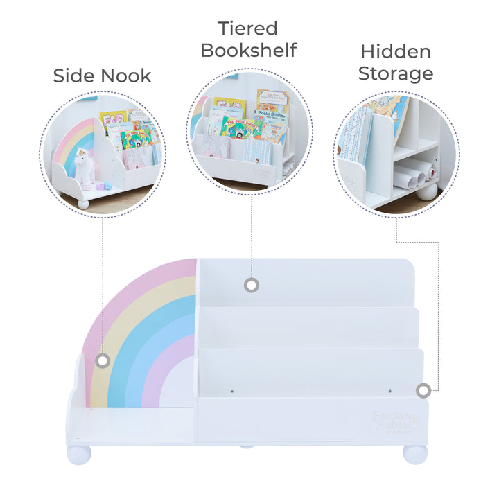 An inforgraphic for a small bookshelf highlighting the side storage pace, tiered bookshelf, and hidden stoat'