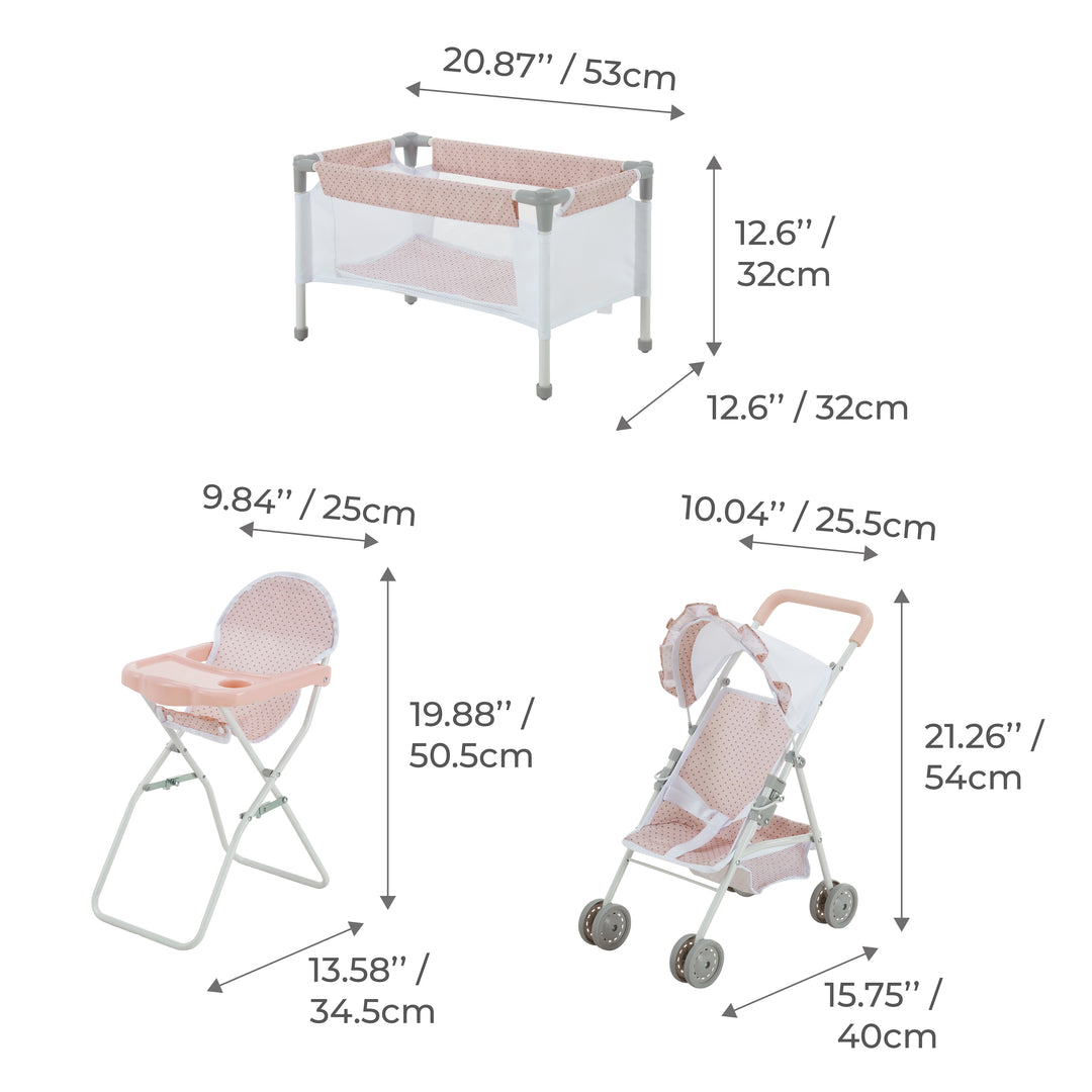 An infographic for a pink play nursery set's measurements with a crib, a high chair, and a stroller, listed in inches and centimeters.