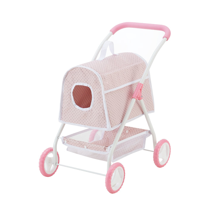 A pink and white toy stroller with a small polka-dotted covered compartment and four wheels.