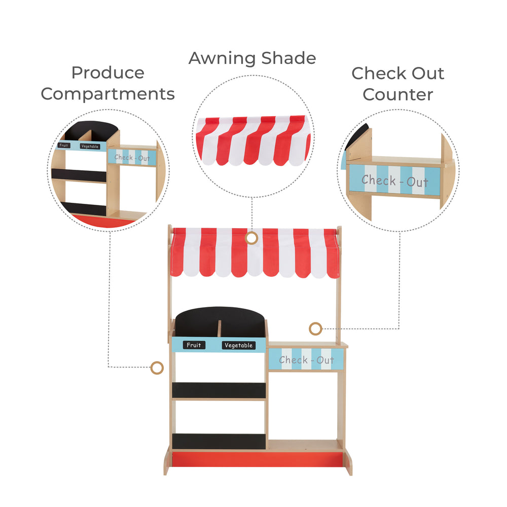 Callouts of the kids pretend market stand include the produce compartment, the awning shade, and the check-out counter space