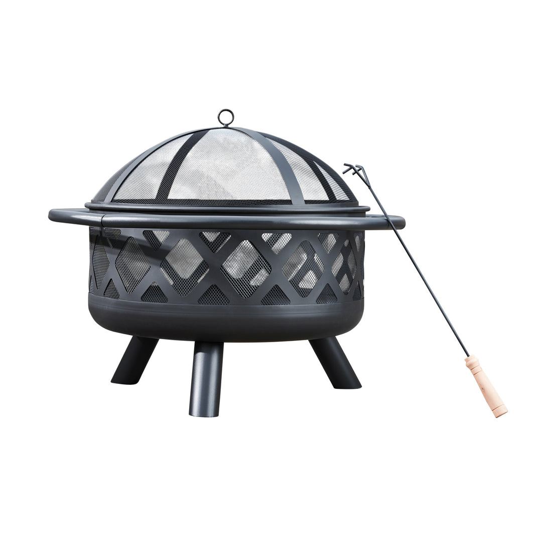 Black firepit with poker and round dome screen