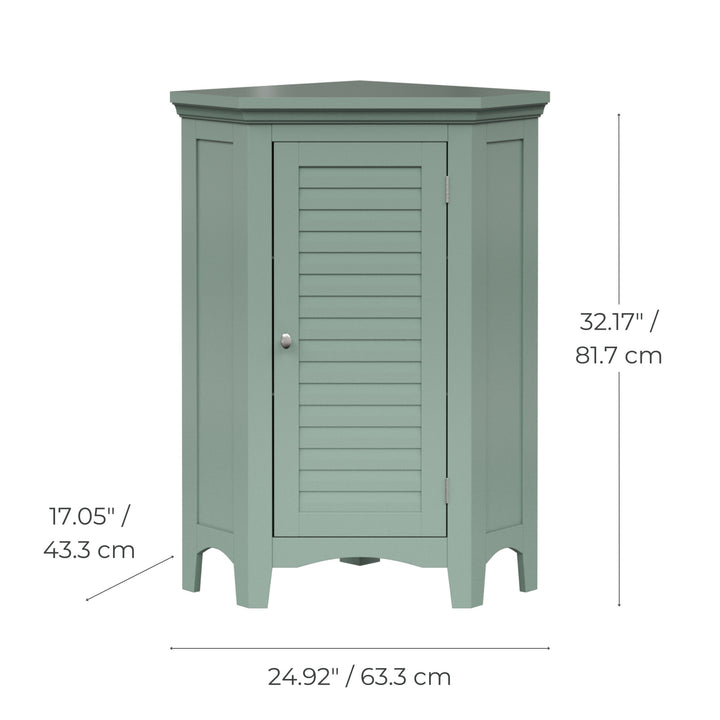 Dimensional graphic of a sage green corner floor cabinet in inches and centimeters.