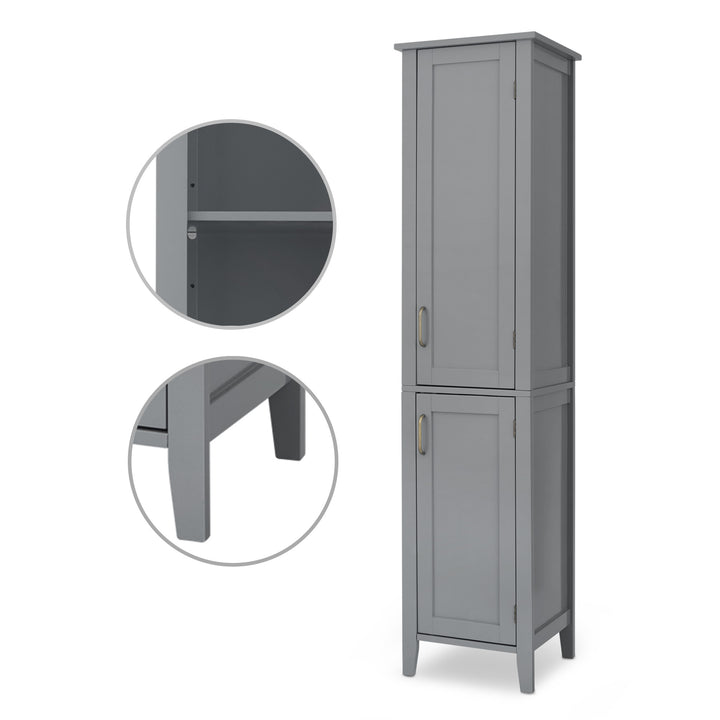 The gray cabinet shown with inset photos of legs and adjustable shelf. 