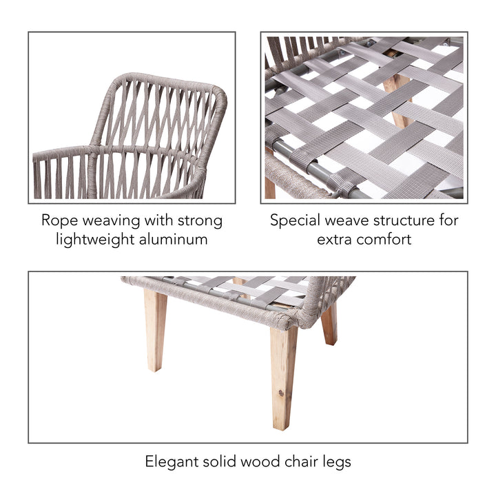 Infographic with callouts for rope weaving with lightweight aluminum, weave structure, and solid wood chair legs