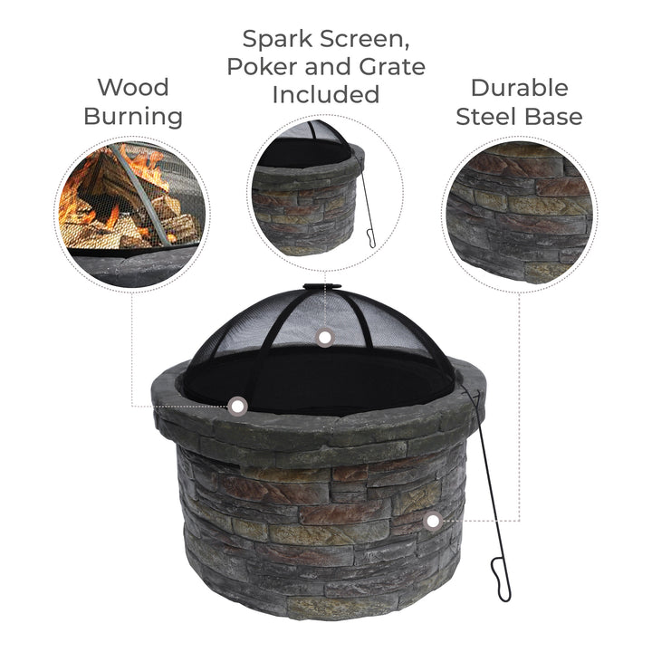 Infographic with callouts for wood burning, spark screen, poker and grates included, and durable steel base