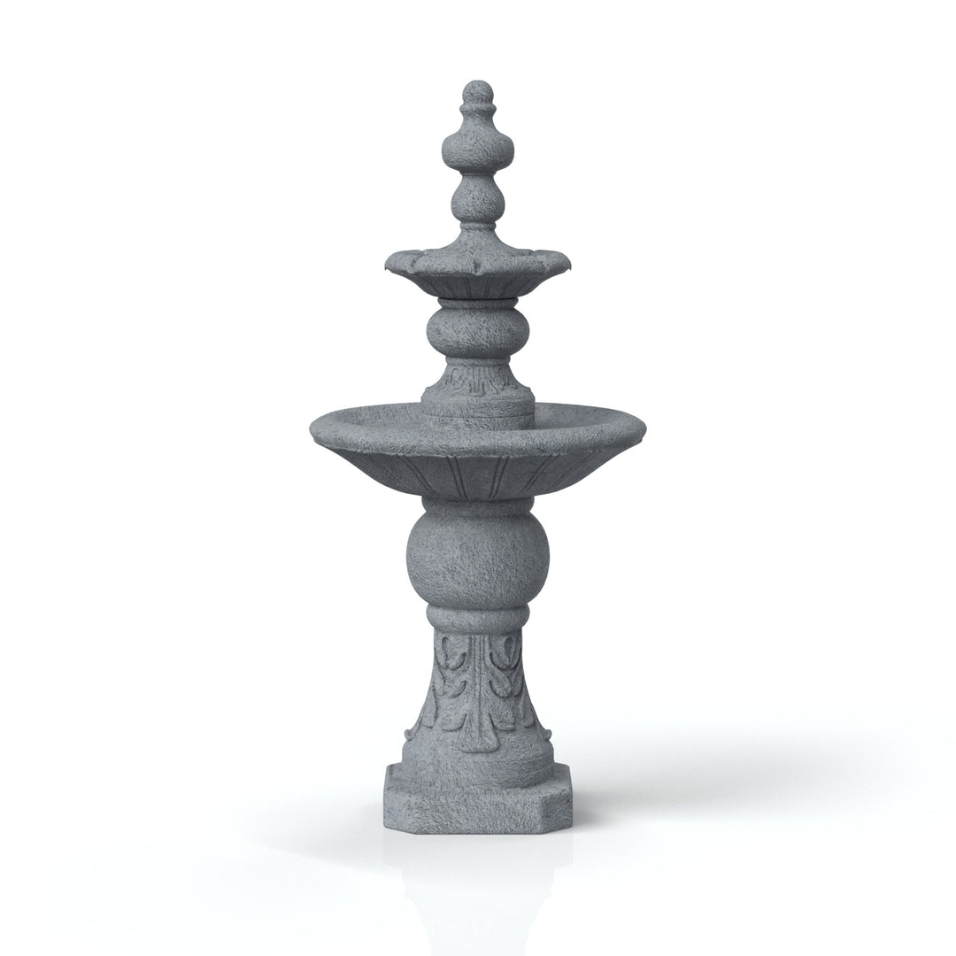 A two-tier faux gray stone birdbath water fountain