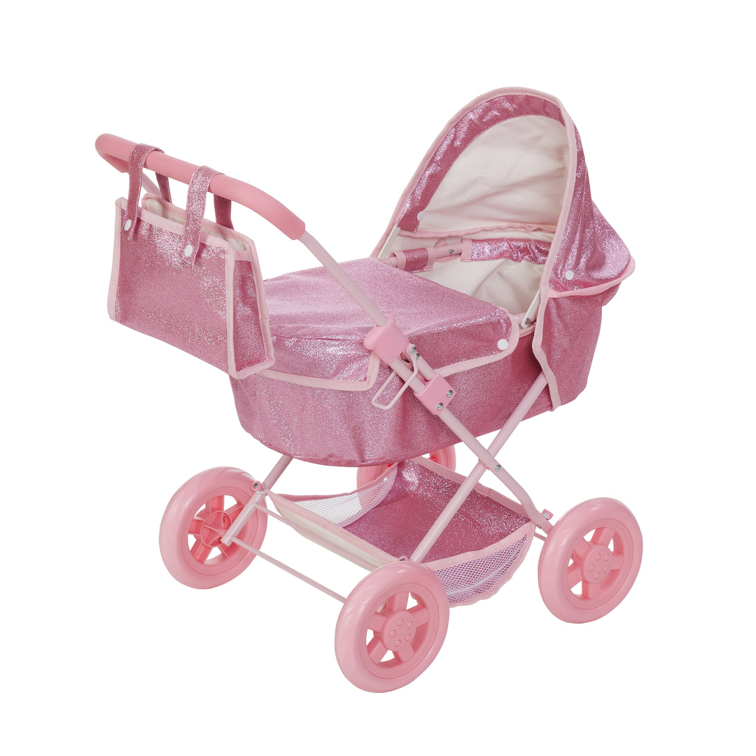 Sideview of a child's baby stroller in a pink glitter material finish