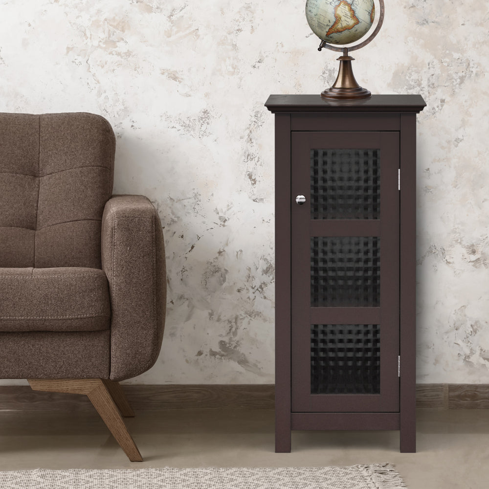 A Teamson Home Chesterfield Wooden Floor Cabinet with Waffle Glass Door, Espresso against the wall