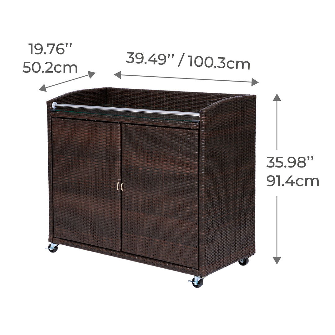 Brown storage cabinet with wheels, featuring a rattan-like texture, two doors with silver handles, a top handle, and measurements of 39.49" (100.3cm) width, 19.76" (50.2cm) depth, and 35.98" (91.4cm) height.