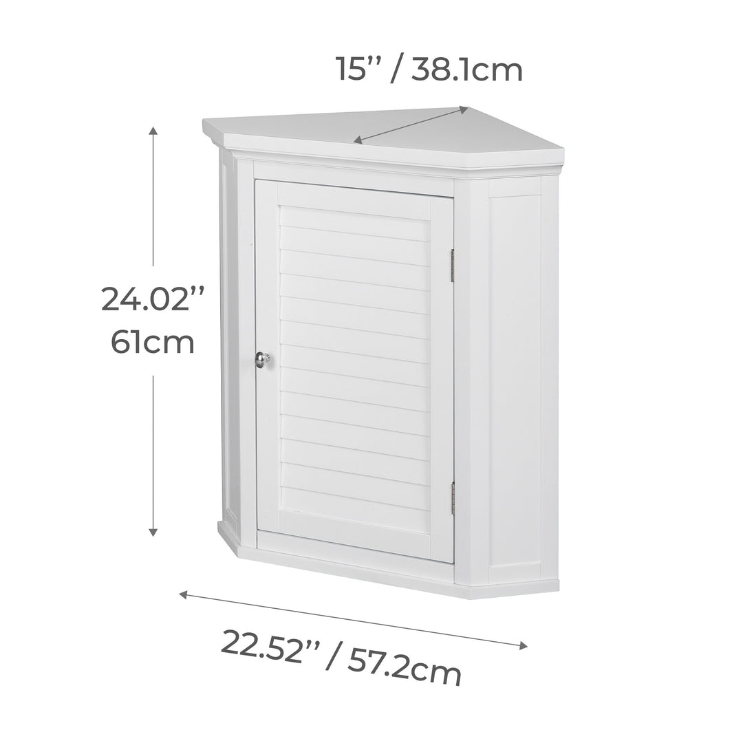 Dimensional graphic of a white corner wall cabinet