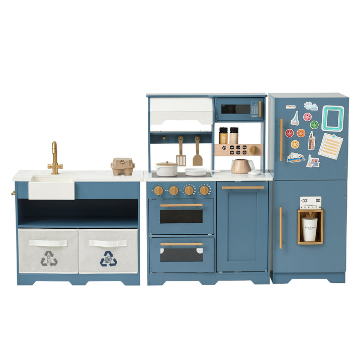 Little Chef Atlanta modular kids play kichen with blue cabinets and a refrigerator.