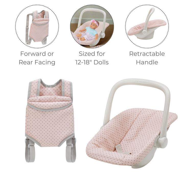 infographic image to show features: forward or rear facing carrier, sized for 12-18 inch dolls, retractable handle on car seat