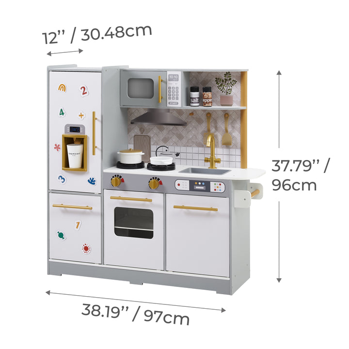 An infographic for a gray and white play kitchen measured in inches and centimeters.