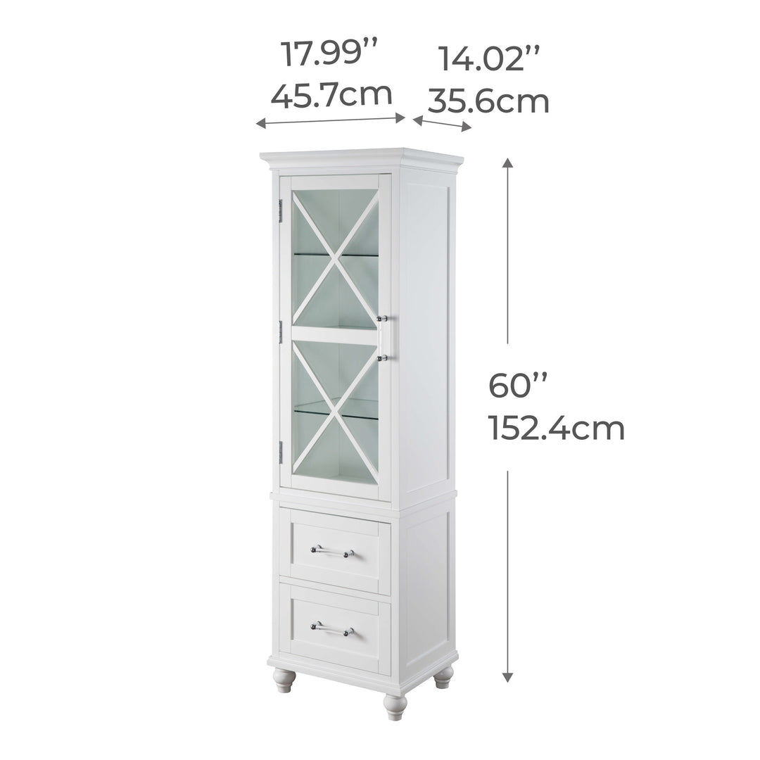 Tall white cabinet with dimensions, stands 60 inches tall.