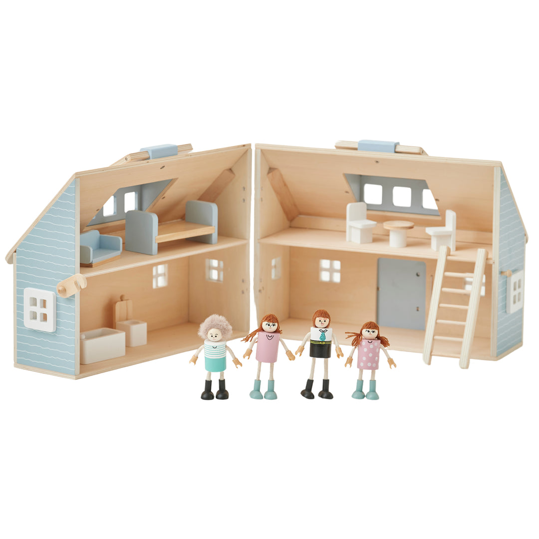 A wooden cottage with four 3.5" figurines and furnishings