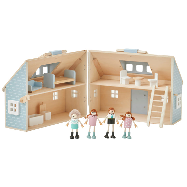 A wooden cottage with four 3.5" figurines and furnishings