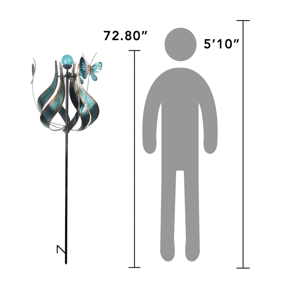 A comparison graphic of the tulip-shaped wind spinner vs the height of an average person