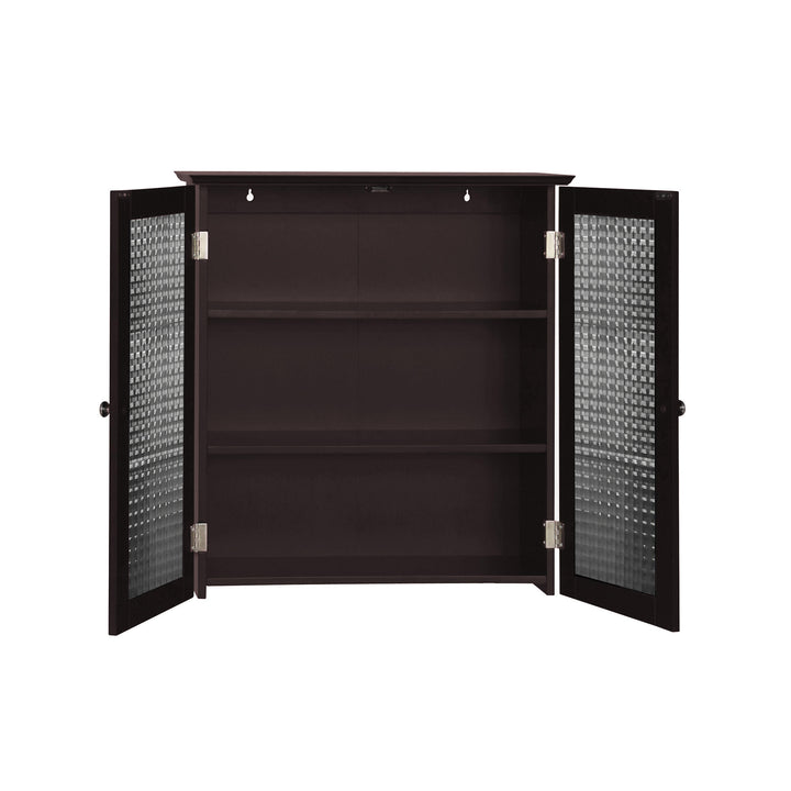 A dark expresso wall cabinet with waffle glass doors open and two internal shelves