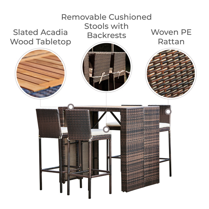 Infographic with callouts for a slated acadia wood tabletop, removable cushions, and woven PE rattan