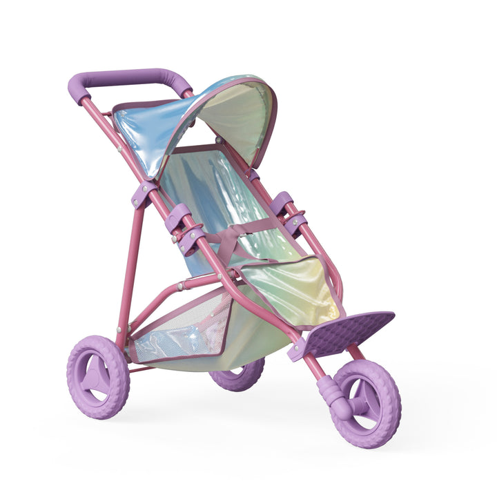 An iridescent and purple kids jogging-style stroller from the side