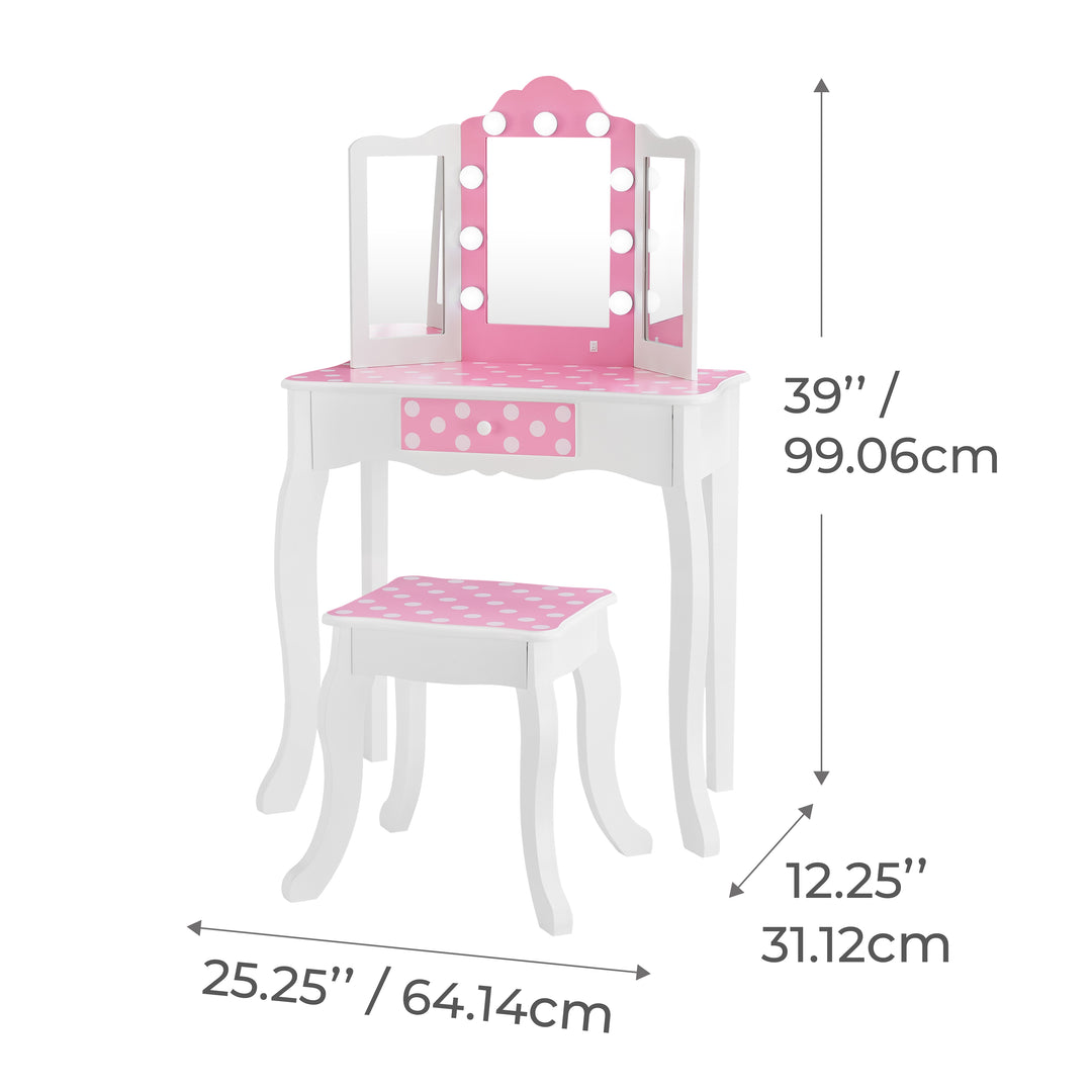 The dimensions of a white child's vanity set with pink and white polka-dotted accents