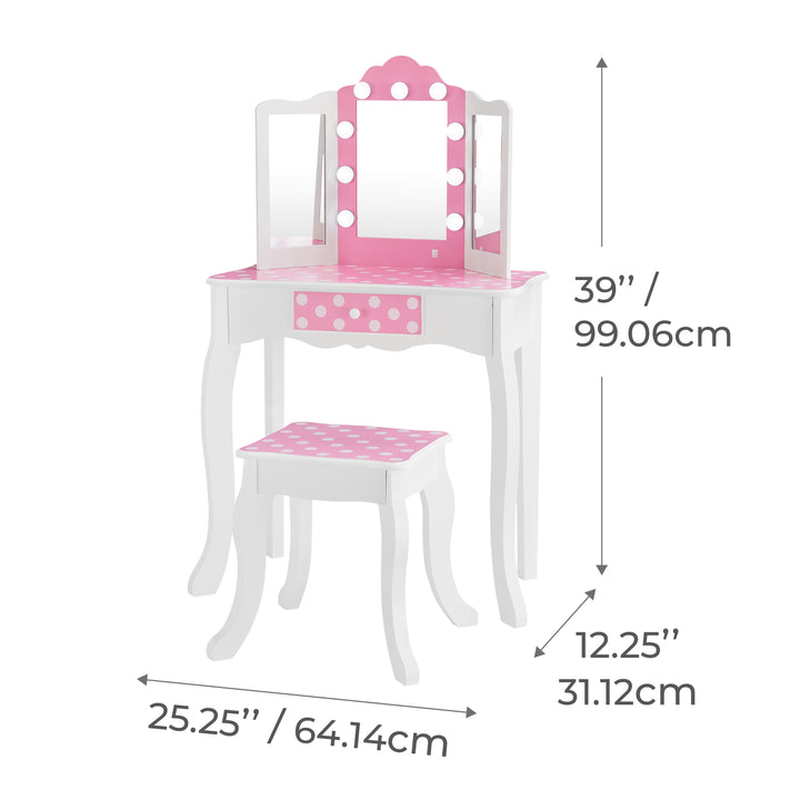 The dimensions of a white child's vanity set with pink and white polka-dotted accents