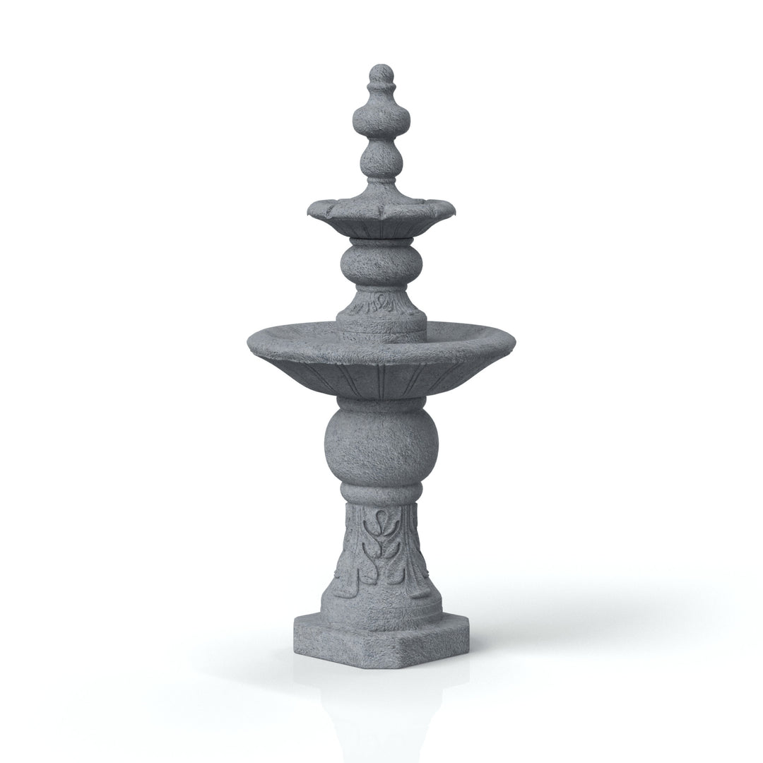 A two-tier faux gray stone birdbath water fountain