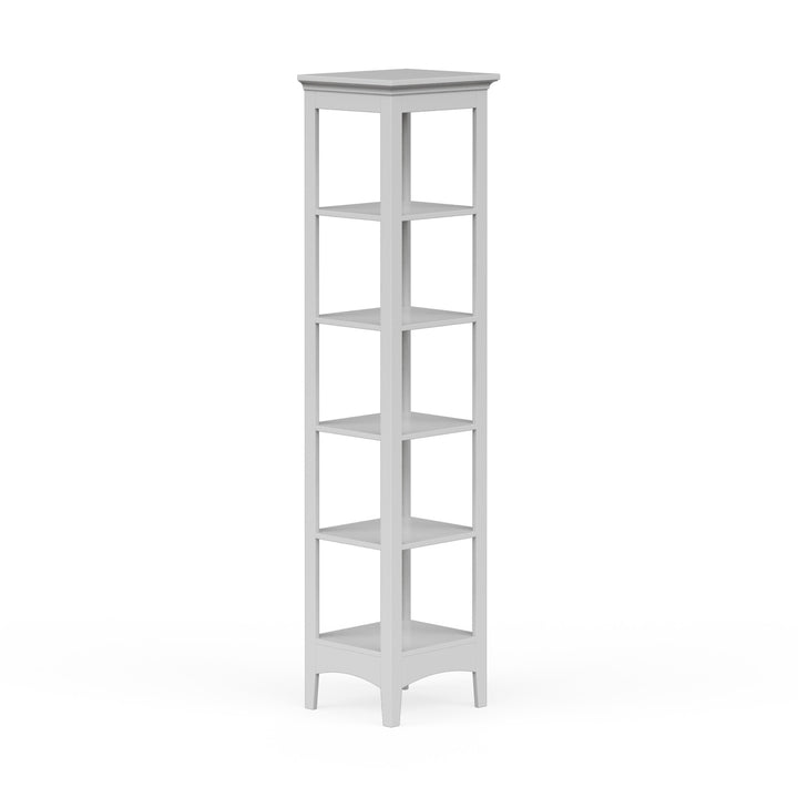 Side view of a narrow white 5-tier open shelving unit