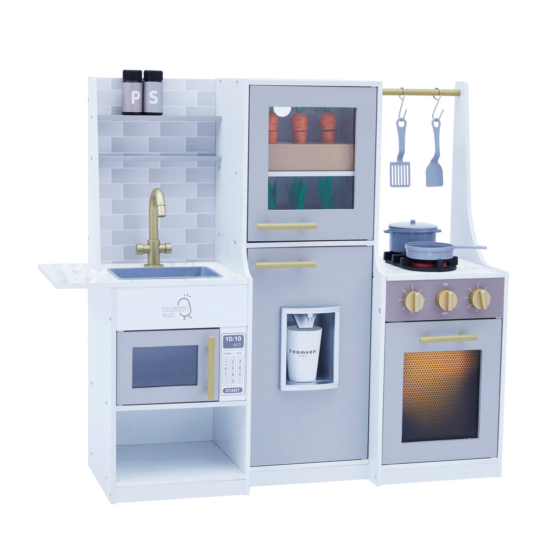 Children's Teamson Kids Little Chef Lyon Complete Wooden Kitchen Set with Hydroponic Garden, Refrigerator and Accessories, Gray.