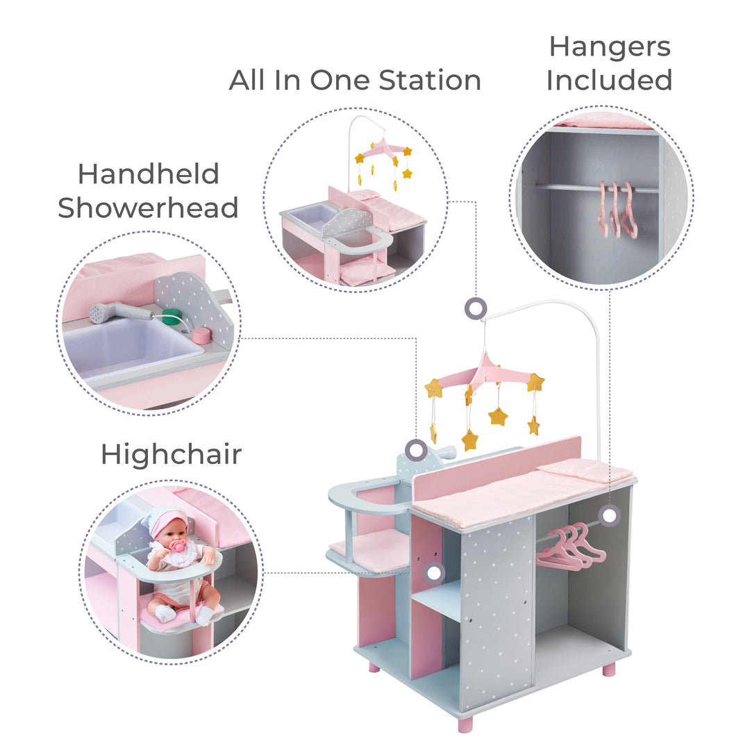 An infographic for a play diaper changing station - highchair, shower head, changing table, hangers