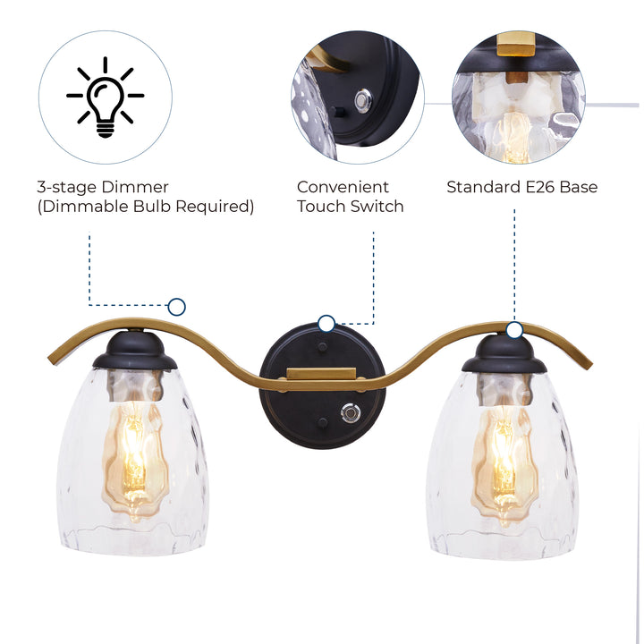 Infographic image of the light includes a convenient touch-switch, 3 stage dimmer and standard E26 base.